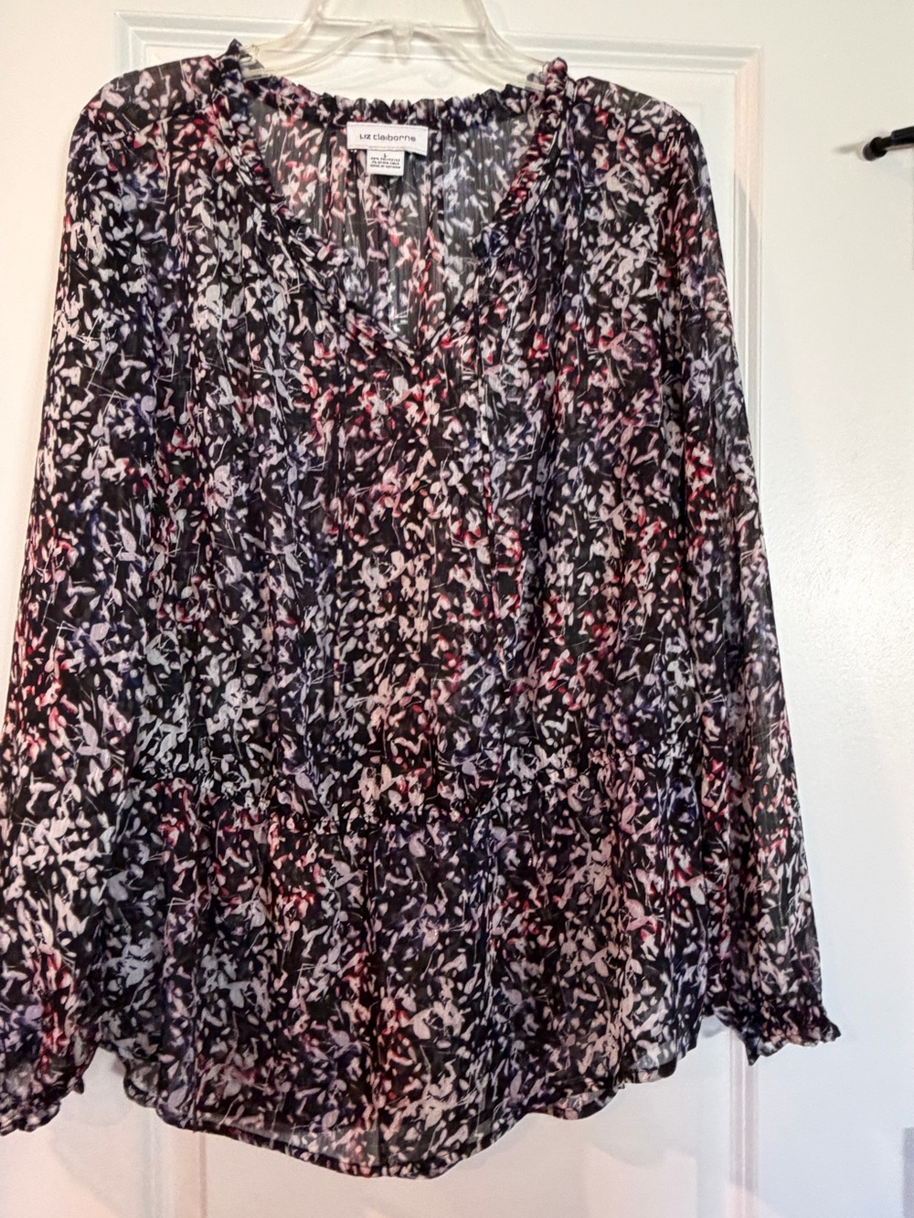 Liz Claiborne Floral Sheer Blouse with Metallic Thread – Size L